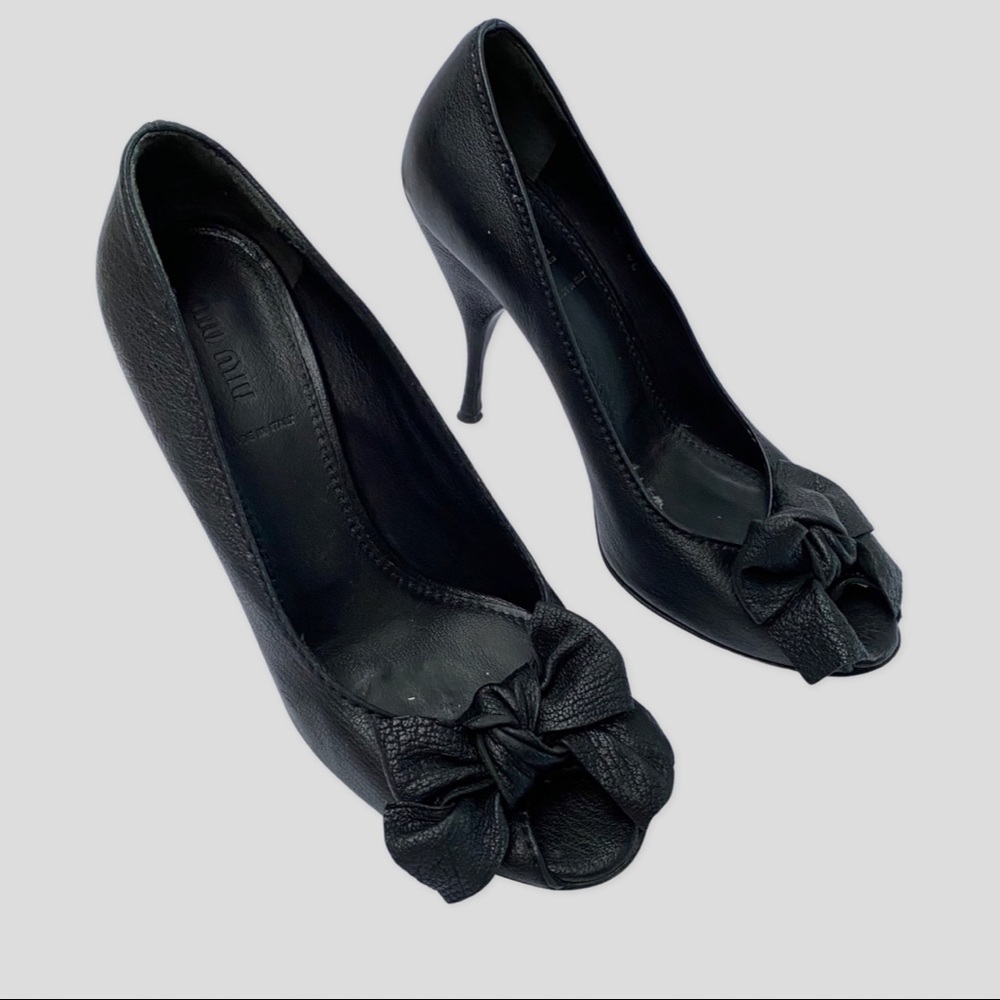 Miu Miu Black Leather High Heel Peep Toe Front Bow Pumps US10 EU40